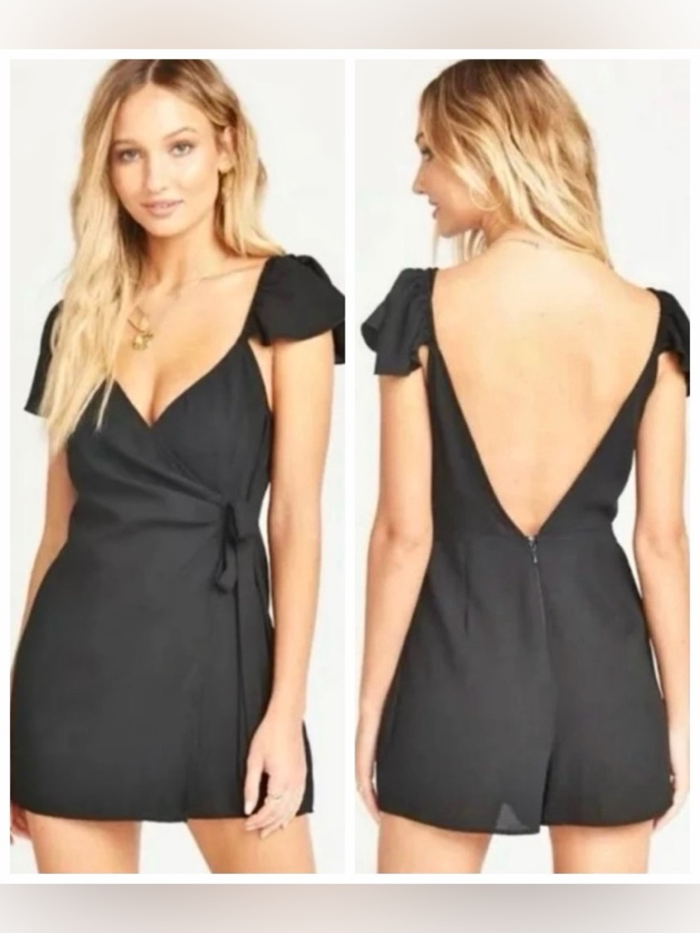 Show Me Your Mumu Black Wrap Romper with Tie & Shoulder Flutter Sleeve Sz M